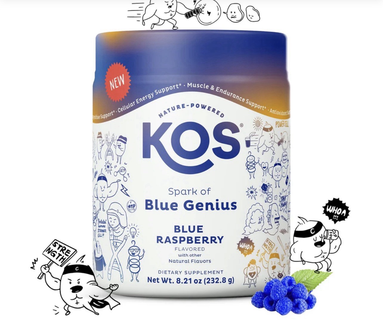 KOS Spark of Blue Genius Creatine Glycine Blue Raspberry Powder 8.21 oz