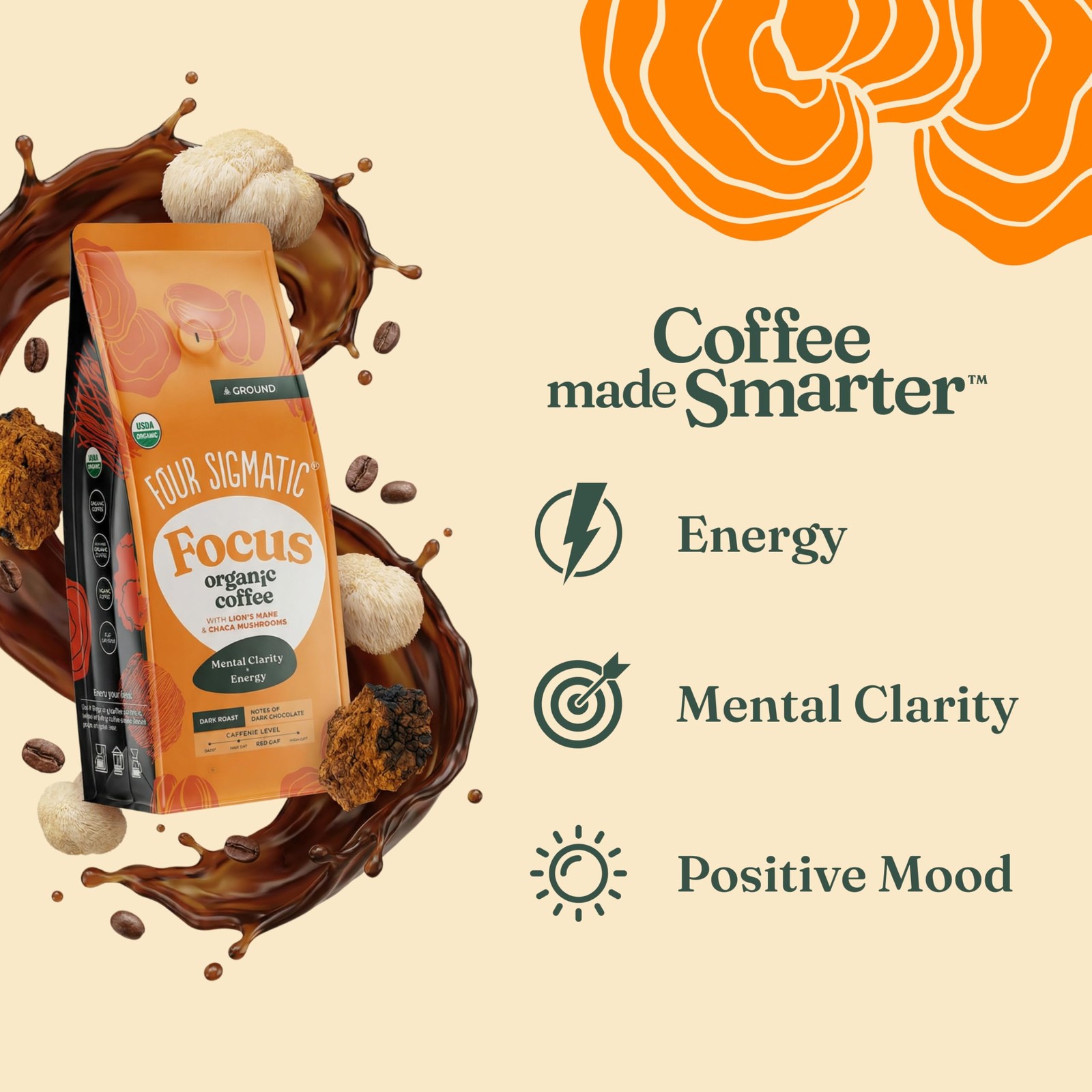 FOUR SIGMATIC Organic Focus Mushroom Ground 12 Ounce (Pack of 1), Lion’s Mane