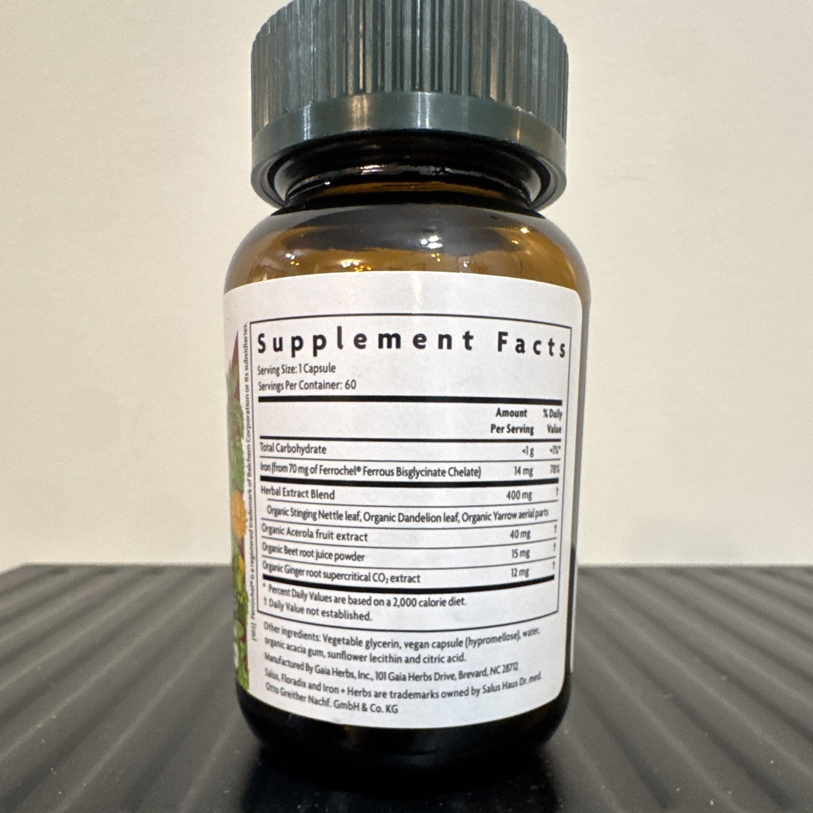 Salus Floradix Iron + Herbs Vegan Capsules Ferrous Bisglycinate 60 Count