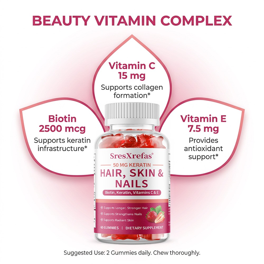 Gummies with Keratin,Biotin,Vitamin C & E for Healthy Hair, Nails & Skin 60 Pcs