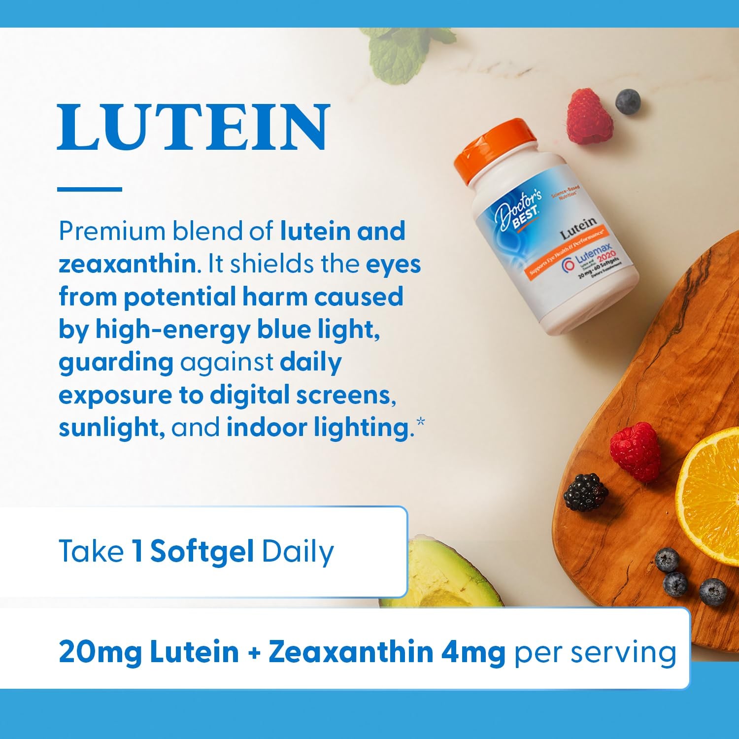 Doctor’s Best Lutein Supplement 20mg with 60 Count (Pack of 1), No Color