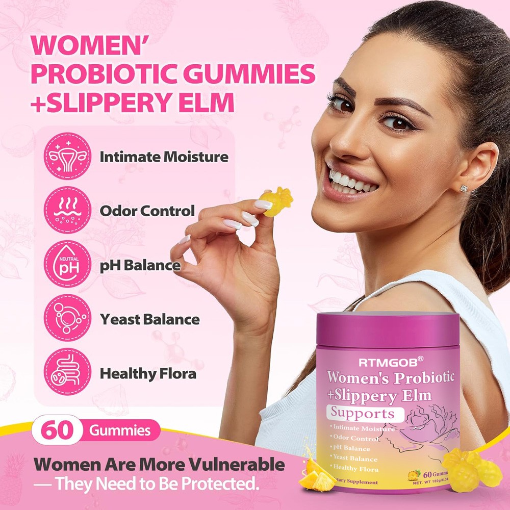 Women’s Probiotic Slippery Elm Gummies, Pineapple Flavor, pH Balance Support