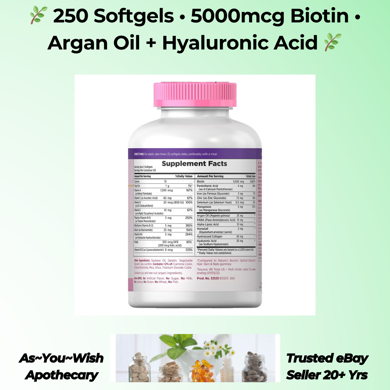 250 Ct. Nature’s Bounty Hair Skin Nails 5000mcg Exp9/26 Biotin Argan Hyaluronic