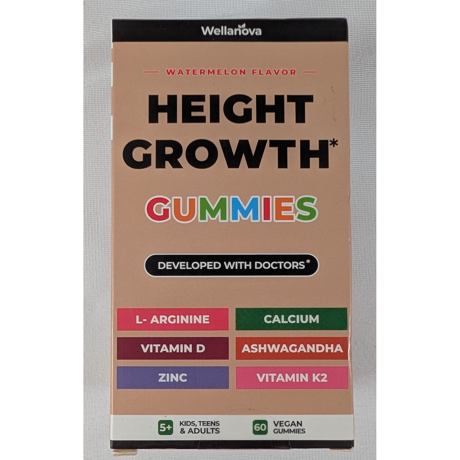 Wellanova Height Growth Gummies Watermelon 60 Count Vegan Vitamin D3 K2 Calcium