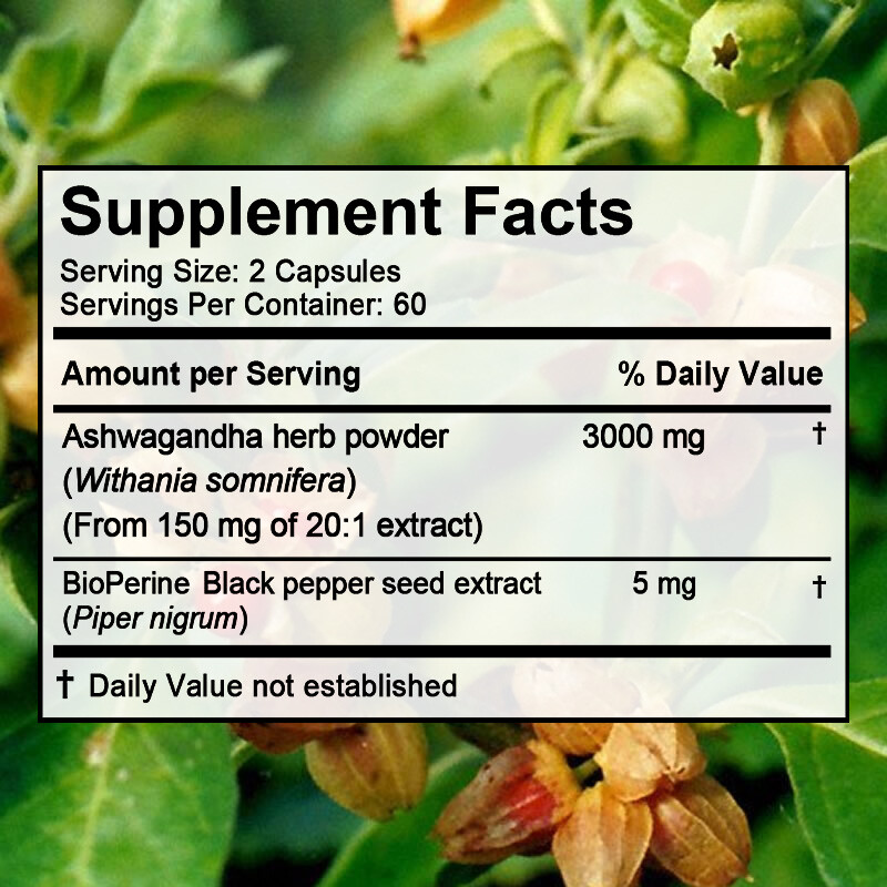 Organic Ashwagandha Capsules 3000mg Supplement w/ Black Pepper Root Powder