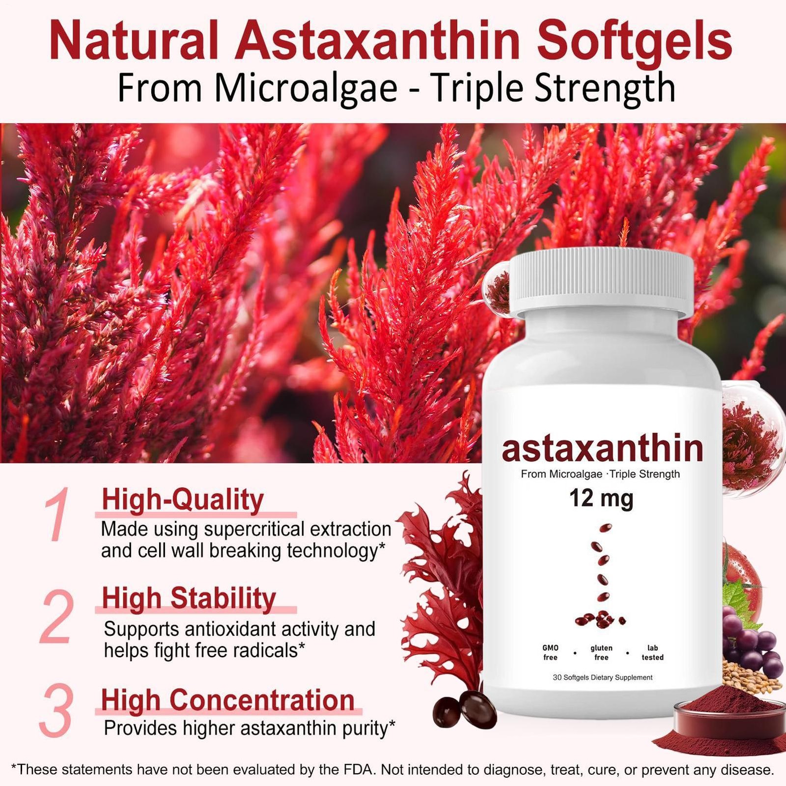 Astaxanthin 12mg, 30 softgels, tanning pills