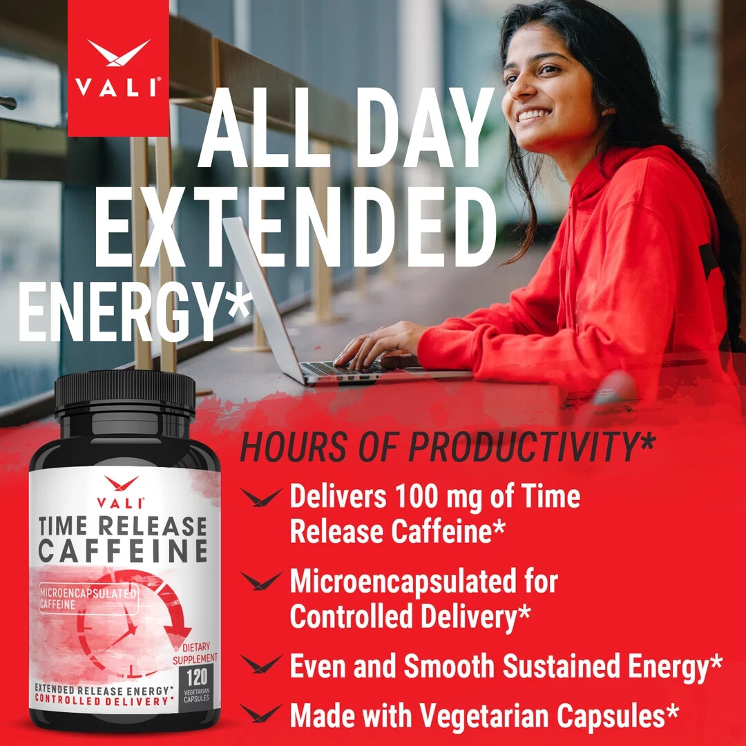 VALI Time Release Caffeine – Microencapsulated Caffeine, 120 Veg Capsules