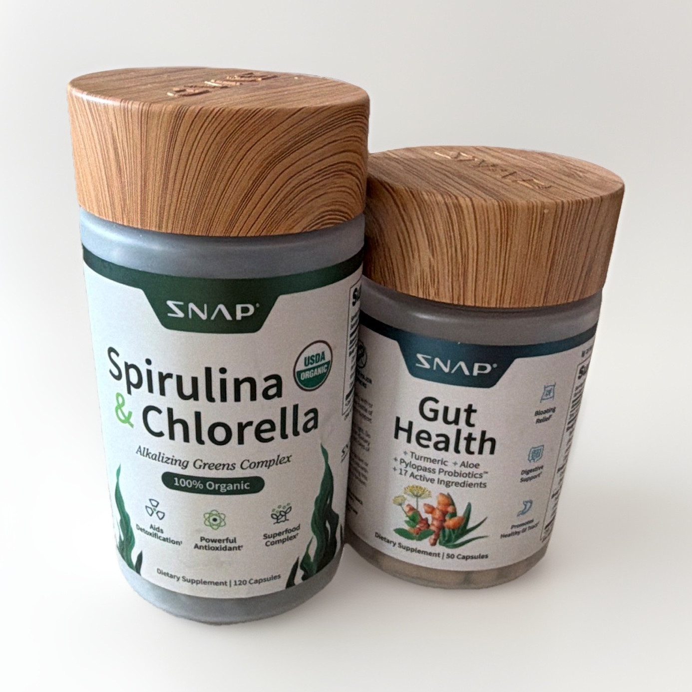 SNAP Spirulina & Chlorella 120ct + Gut Health 90ct Vegan Non-GMO