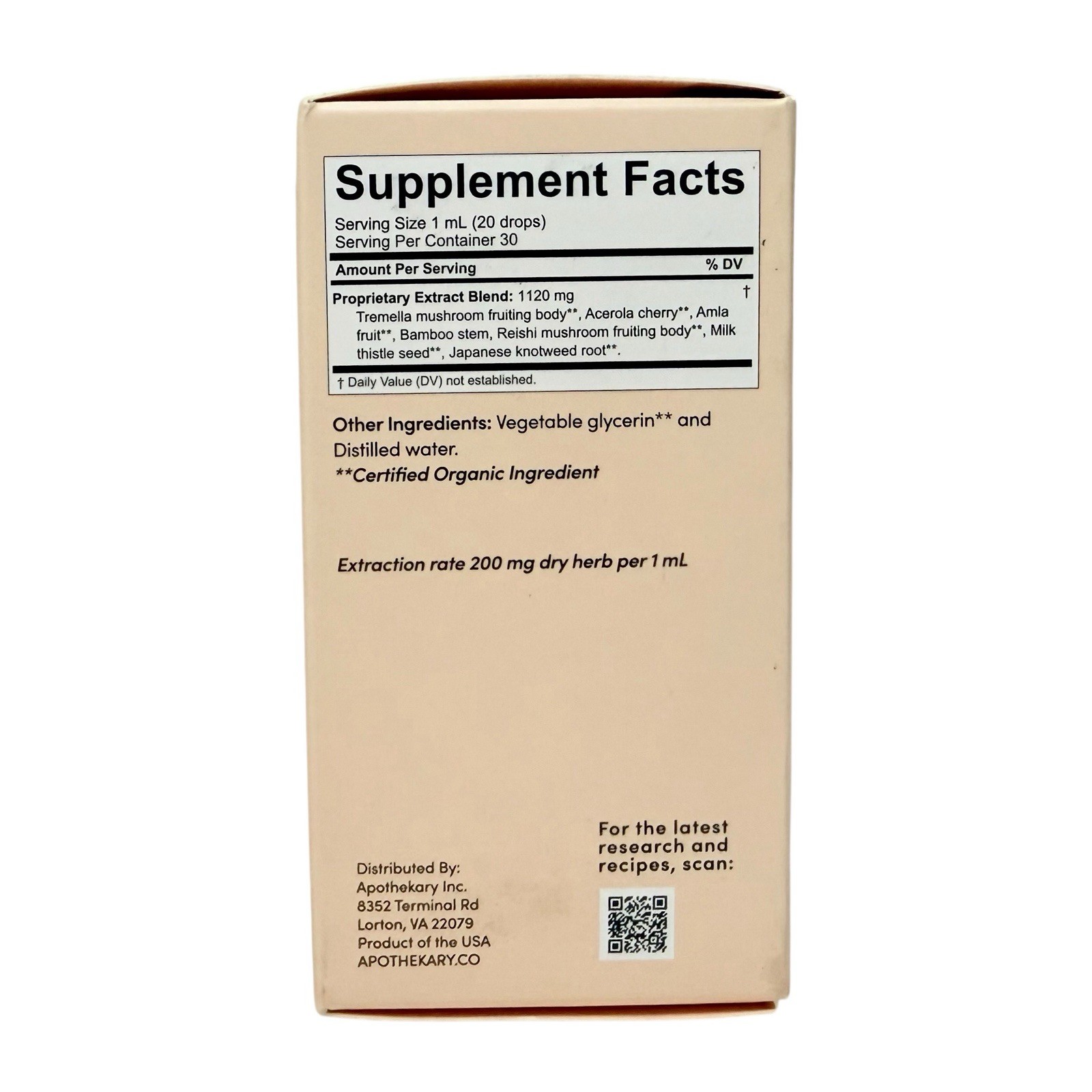 Apothekary The Honest Youth Skin Support Tincture 1.22 oz, 30 Servings, Exp 9/27
