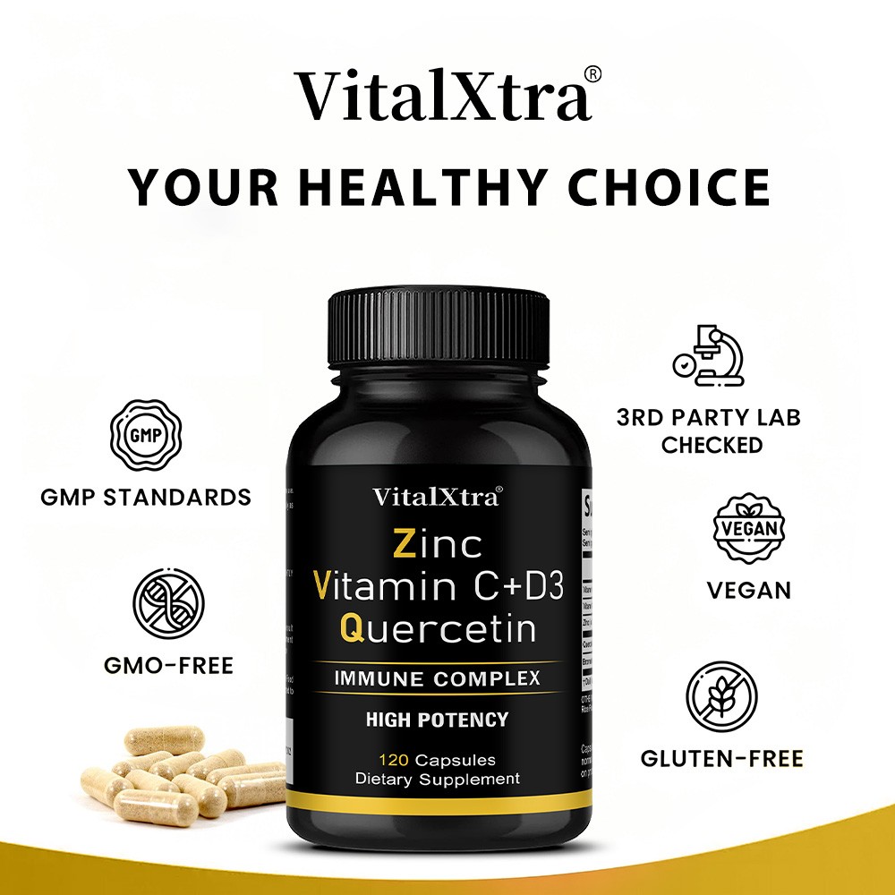 Zinc Quercetin 500mg Supplements Vitamin C D3 Bromelain Immune 30-120 Capsules