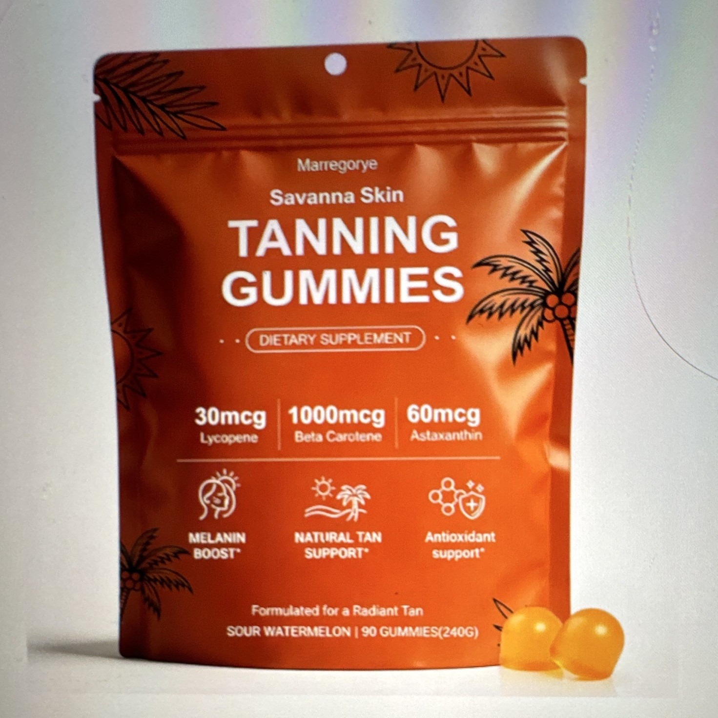 Marregorye Savanna Skin Tanning Gummies Sour Watermelon 90 Count Antioxidant