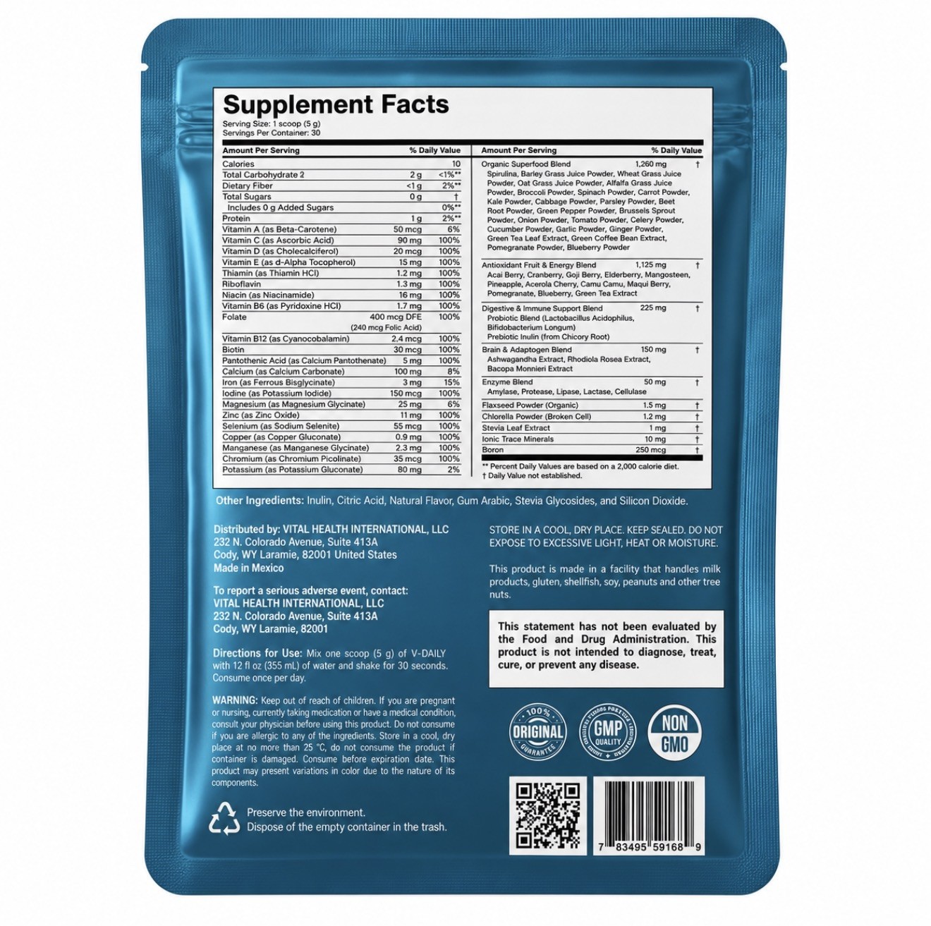 VitalHealth V-DAILY Lime Multivitamin Powder Vegan Sugar-Free 150g 5.29oz