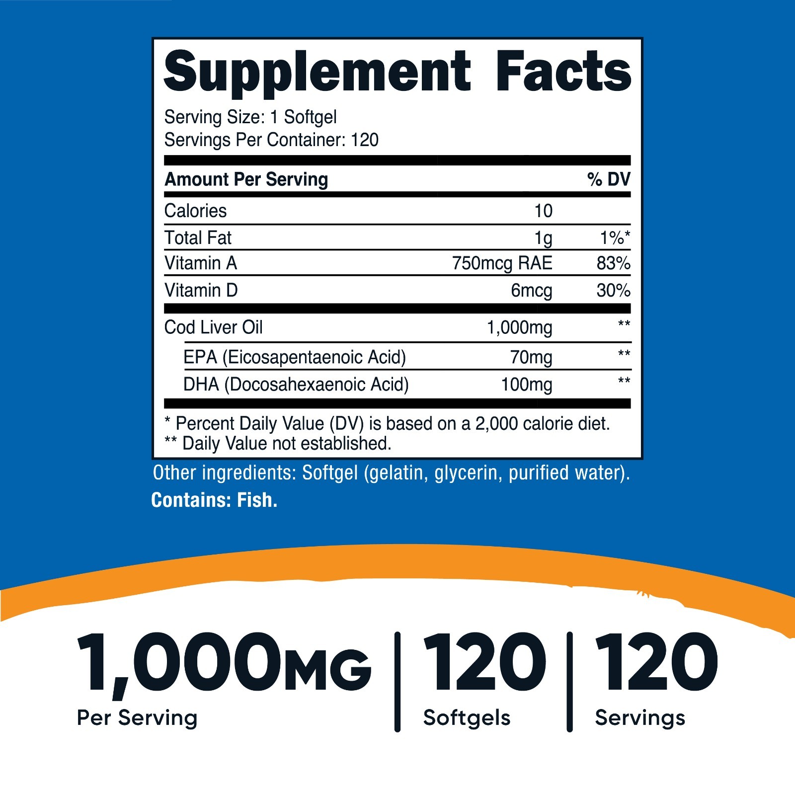 Nutricost Cod Liver Oil Capsules 1000mg, 120 Softgels – Non-GMO & Gluten Free