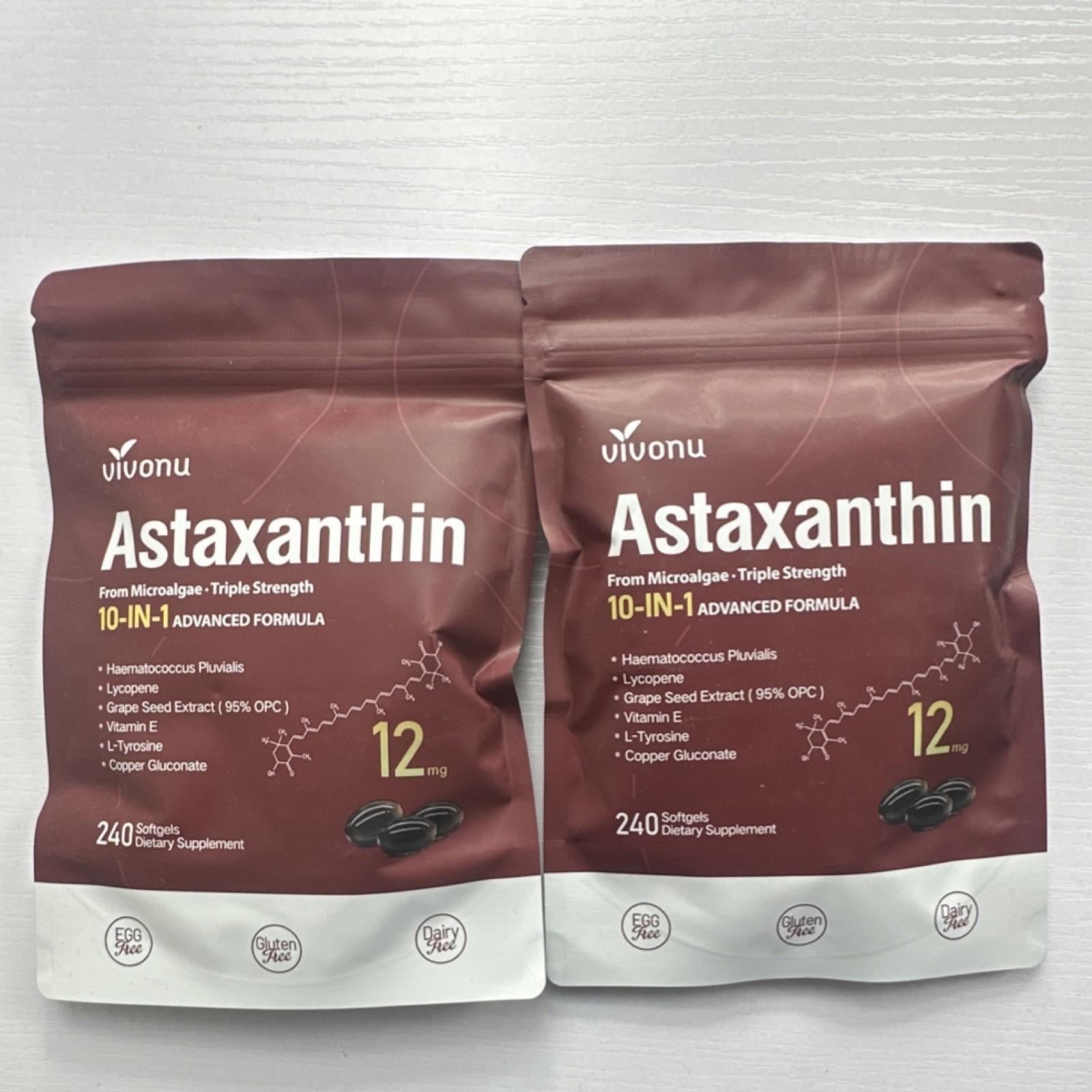 Vivonu Astaxanthin Antioxidant Softgels 12mg 240ct Gluten-Free Exp 03/2028