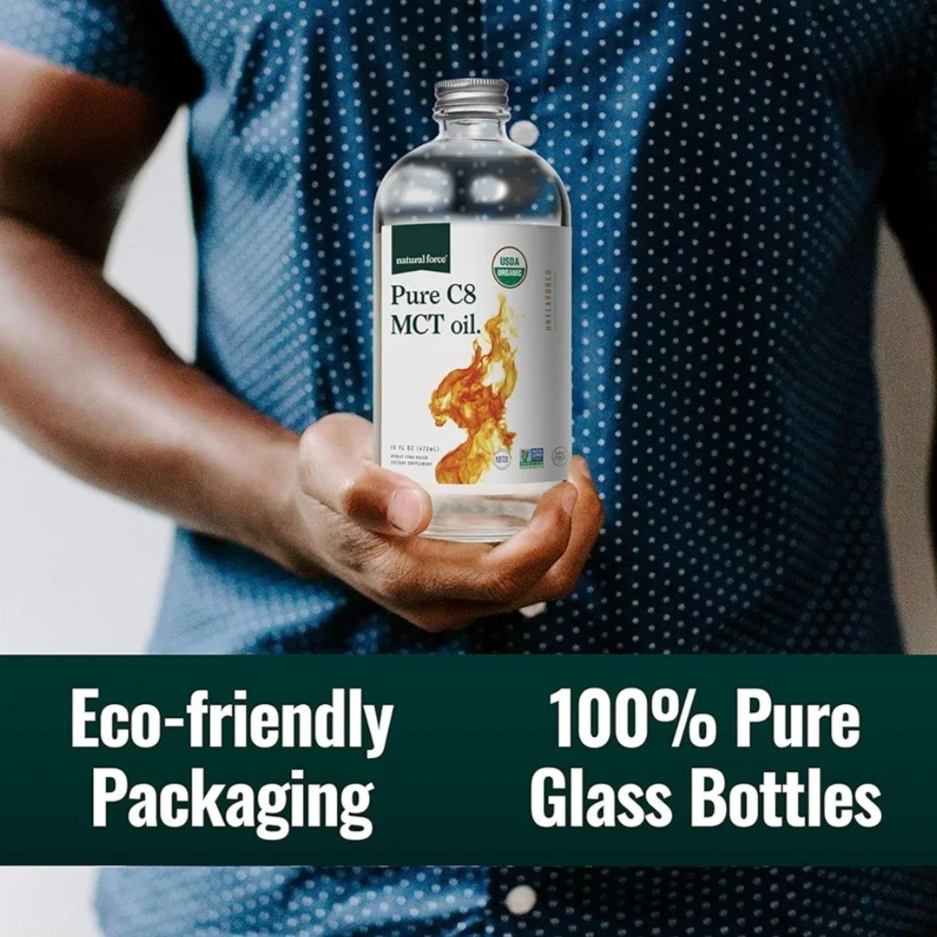 Natural Force Organic Pure C8 MCT Oil Liquid in Glass Bottle Container 16 Ounce