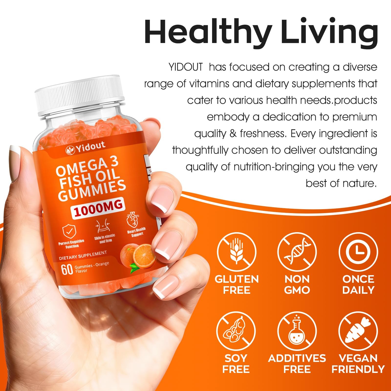 Yidout Omega 3 Fish Oil Gummies Delicious Orange Flavor Fish Oil Gummy