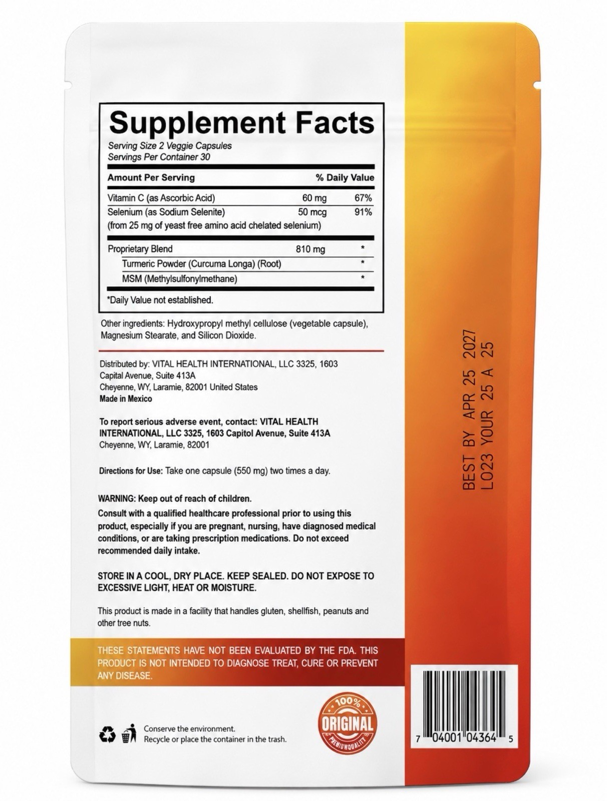 VitalHealth V-CurcuMax Turmeric Vitamin C Selenium MSM 60 Capsules Non-GMO