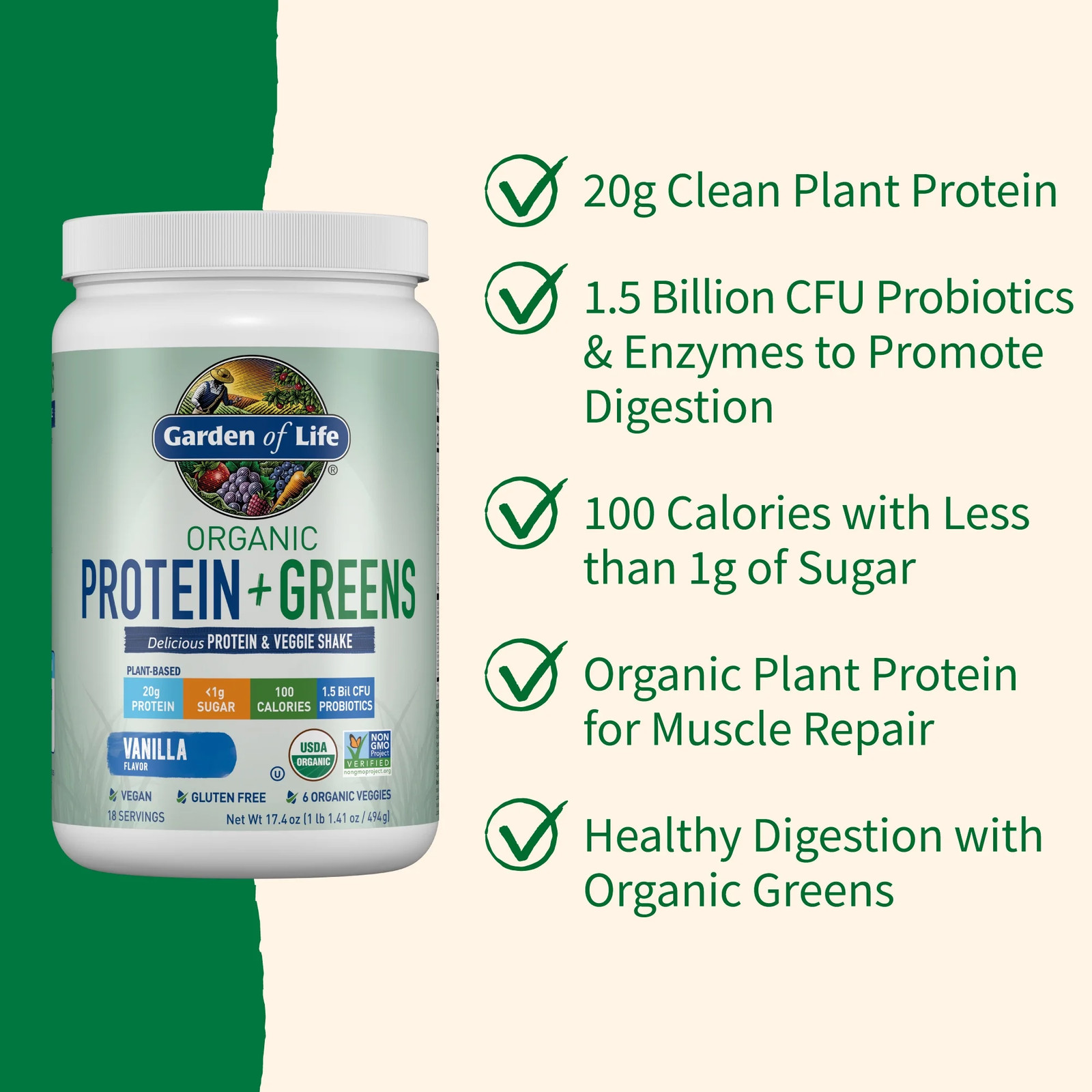 Organic Plant Based Greens Probiotic 20G Protein Shake Drink Powder for Digestiv