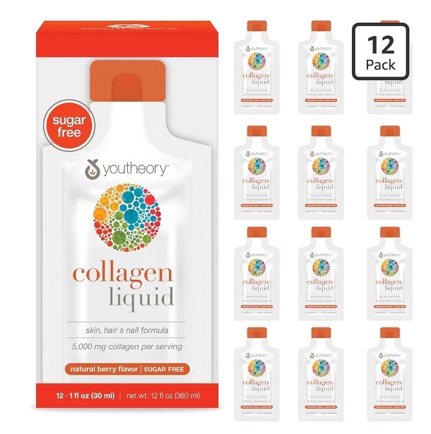 Youtheory Collagen Liquid Hair Skin & Nails Natural Berry 12 Pack Sugar-Free