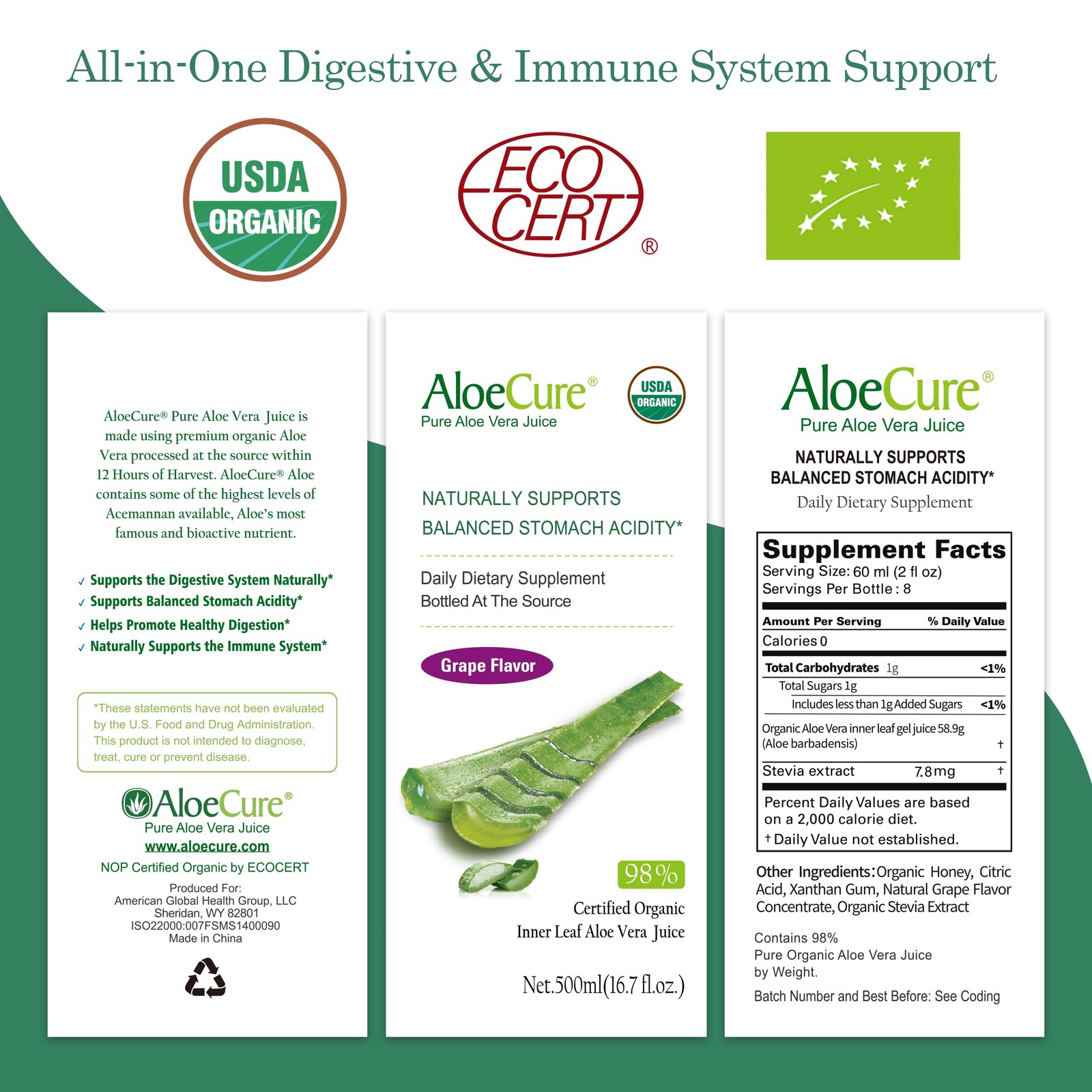 AloeCure USDA Organic Aloe Vera Juice Grape 16.7 Fl Oz (Pack of 1), White