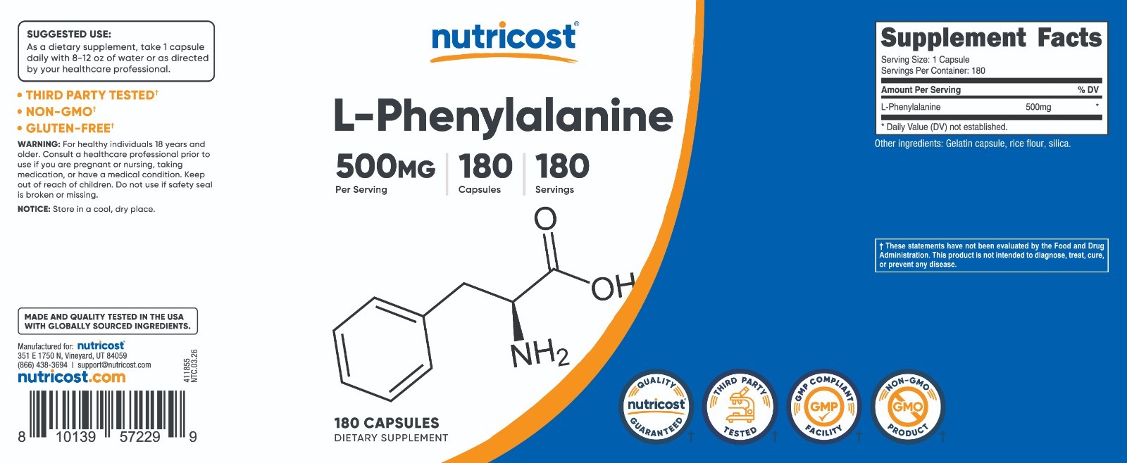Nutricost L-Phenylalanine 500mg 180 Caps