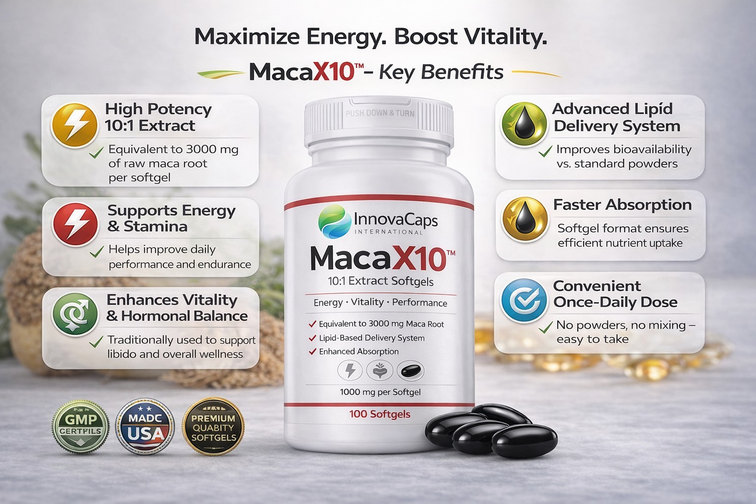 InnovaCaps MacaX10 10:1 Maca Extract 1000mg 100 Softgels Enhanced Absorption
