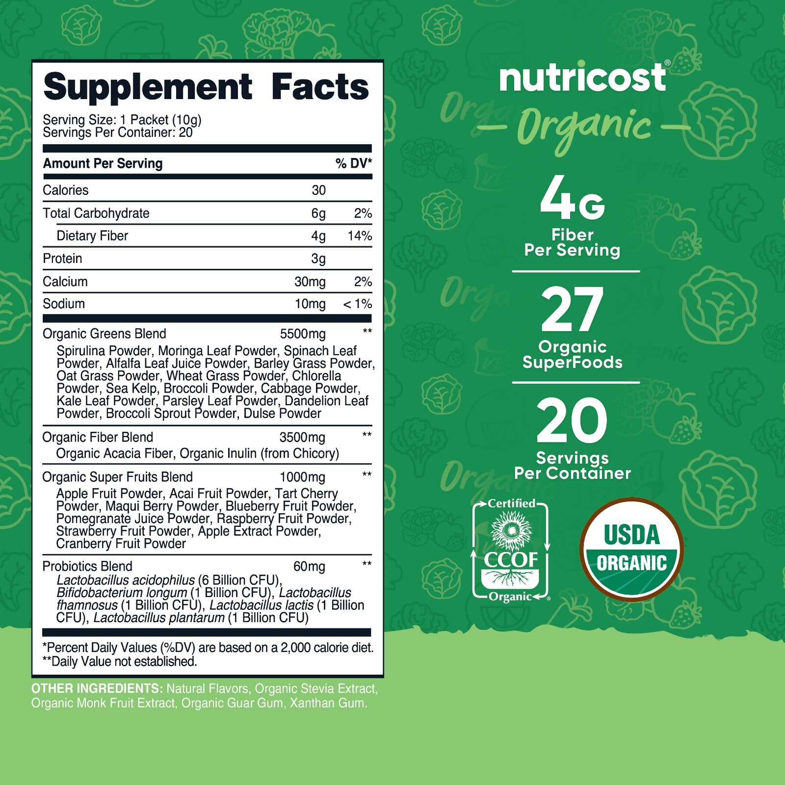 Nutricost Organic Super Greens (Unflavored) 20 Stickpacks – Gluten-Free, Non-GMO