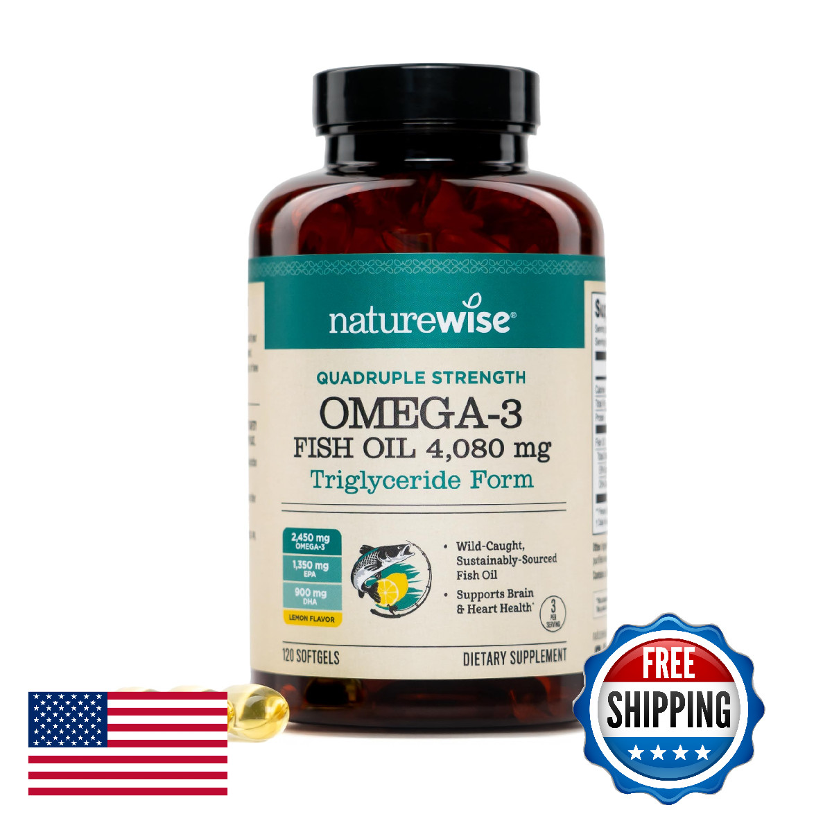 NatureWise Quad Strength Omega-3 Fish Oil 4080mg TG Form Wild Caught Burpless