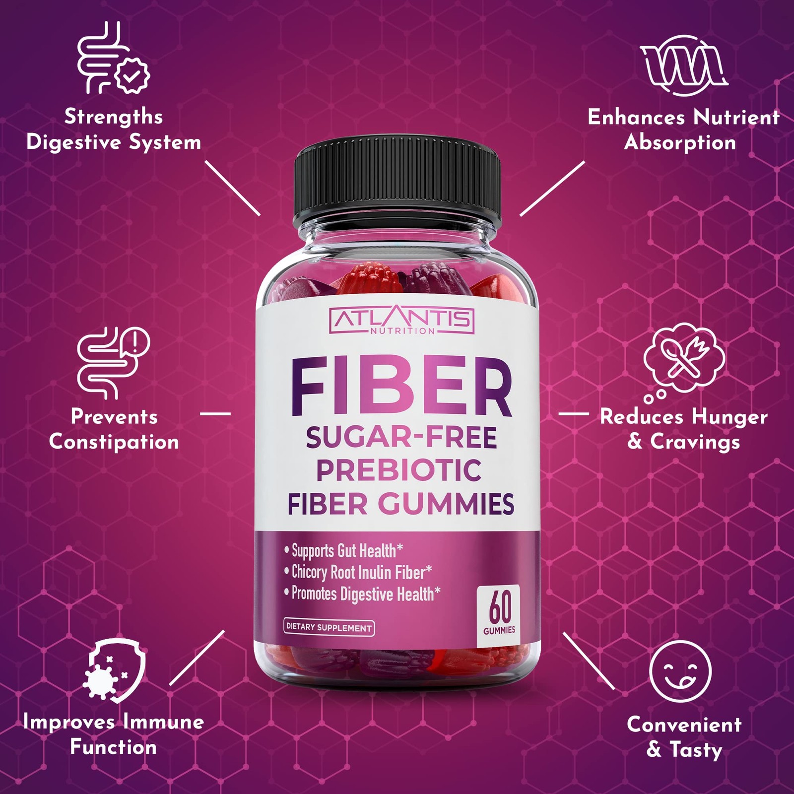 Atlantis Nutrition Sugar Free Fiber Gummies for Adults – 60 Count (Pack of 2)