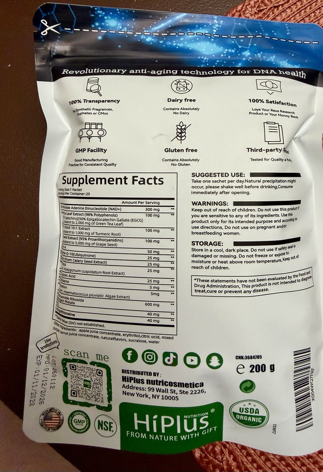 HiPlus NAD+ Booster Complex 1400mg Urolithin A + Resveratrol Powder 20 Pk