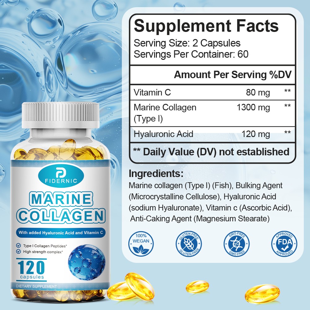 Premium Marine Collagen 1300mg Type I + Hyaluronic Acid + Vitamin C – Capsule