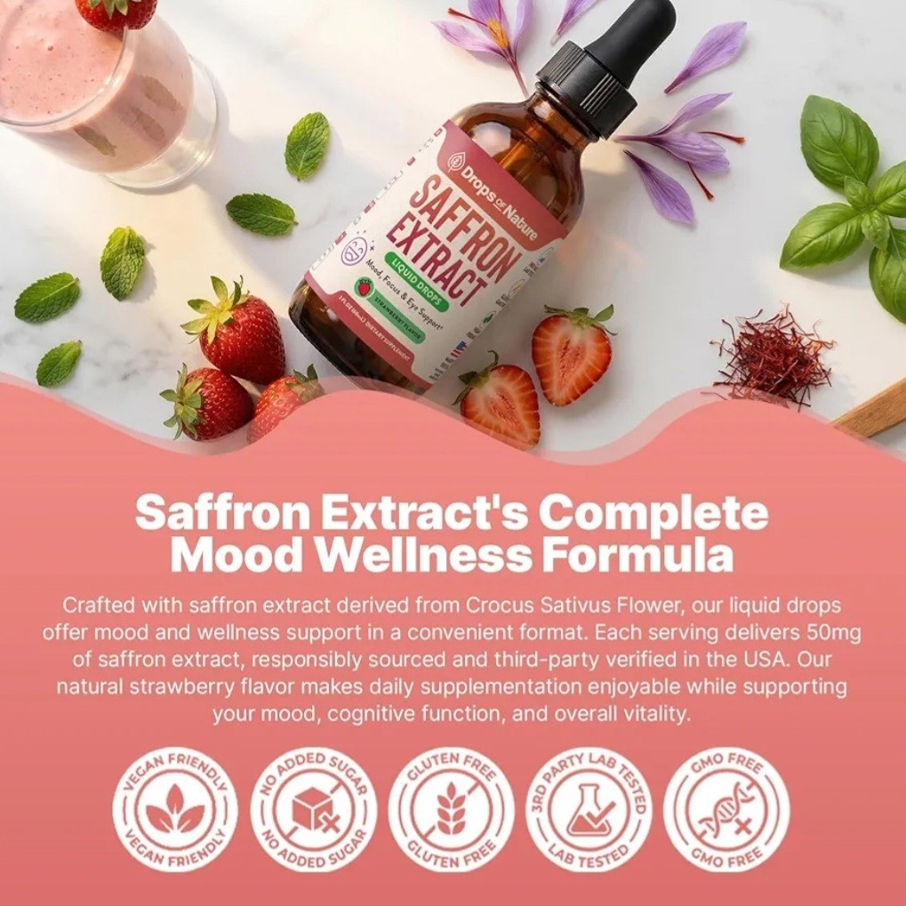 Drops Of Nature Pure Saffron Extract Supplement Liquid 2 fl oz Strawberry Mood