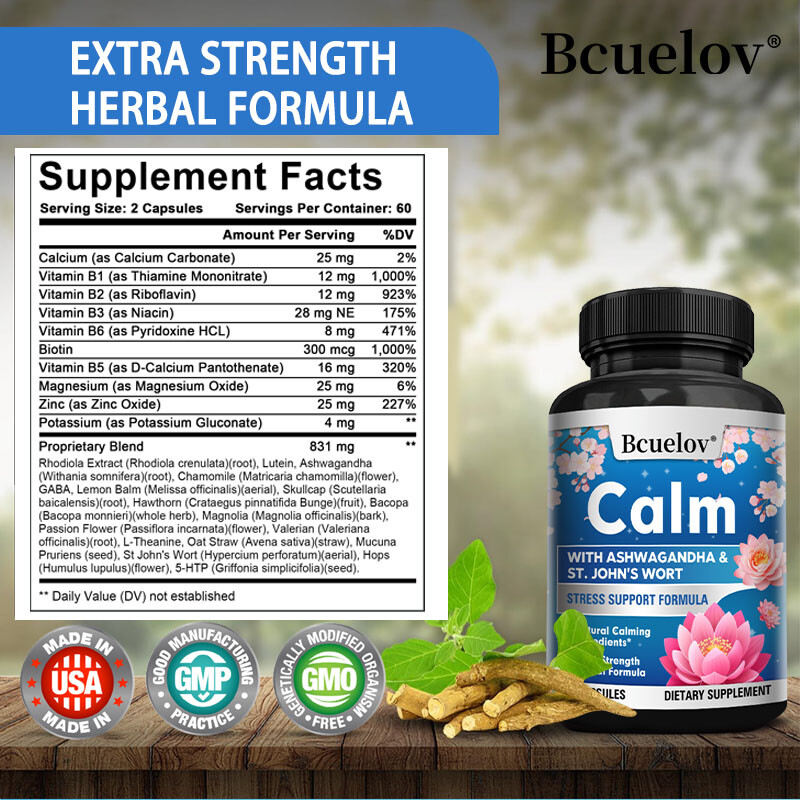 Herbal Calming Stress Supplement Boost Relaxation & Positive Mood 120 Capsules