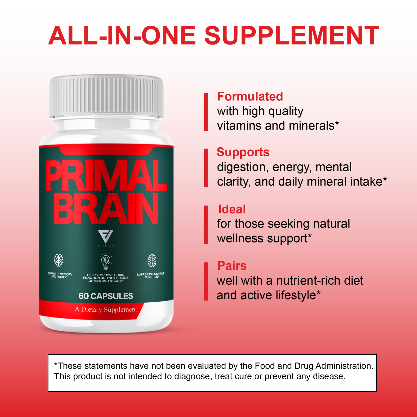 Primal Brain Supplement, Primal Brain Nootropic Pills (60 Capsules)