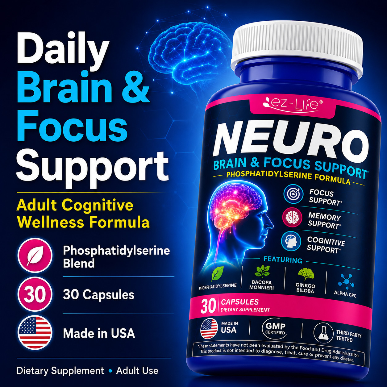 Nootropic Brain Health Supplement For Memory, Concentration, and Focus 60 Caps