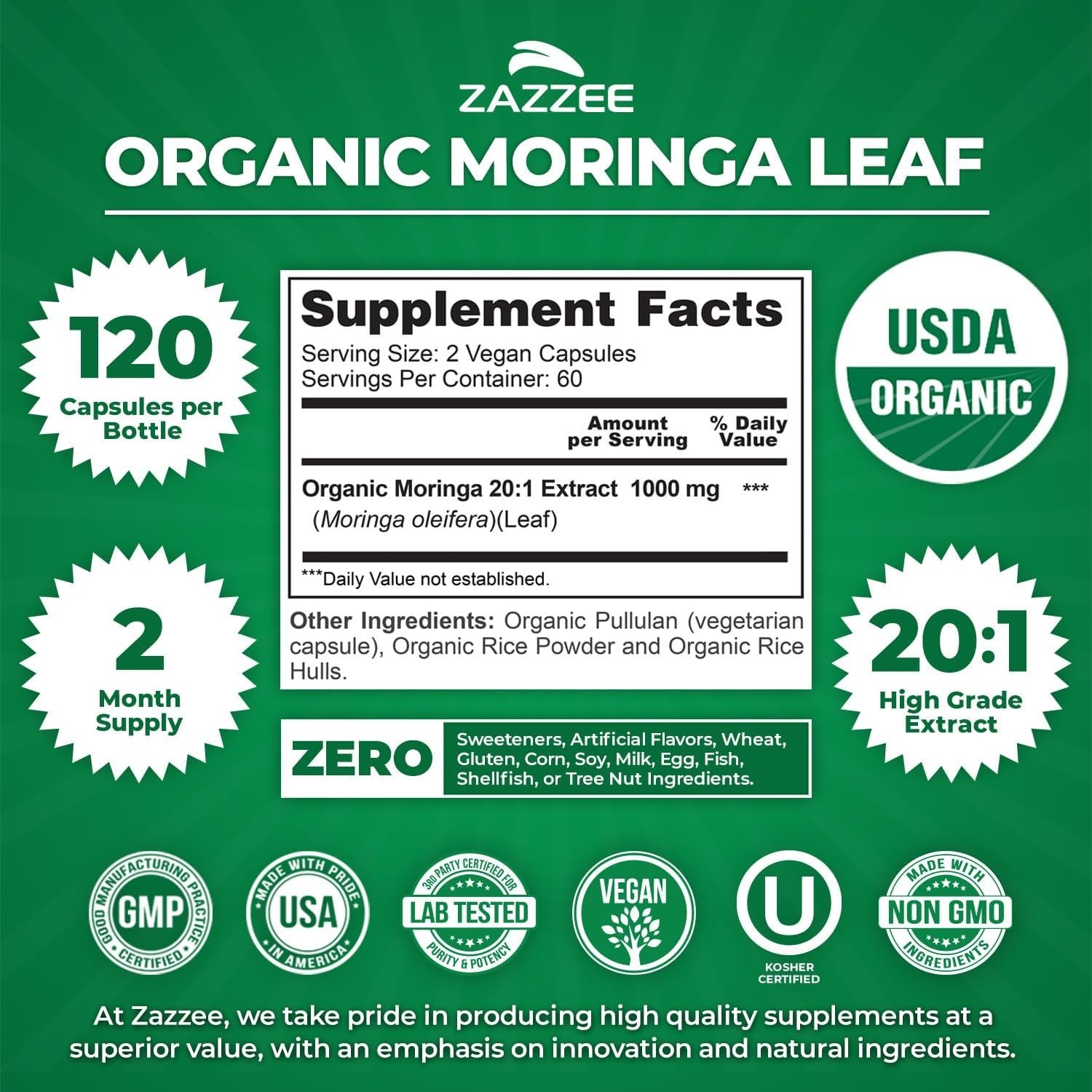 Zazzee USDA Organic Moringa Leaf 20:1 Extract, 1000 mg per Serving, 120 Vegan