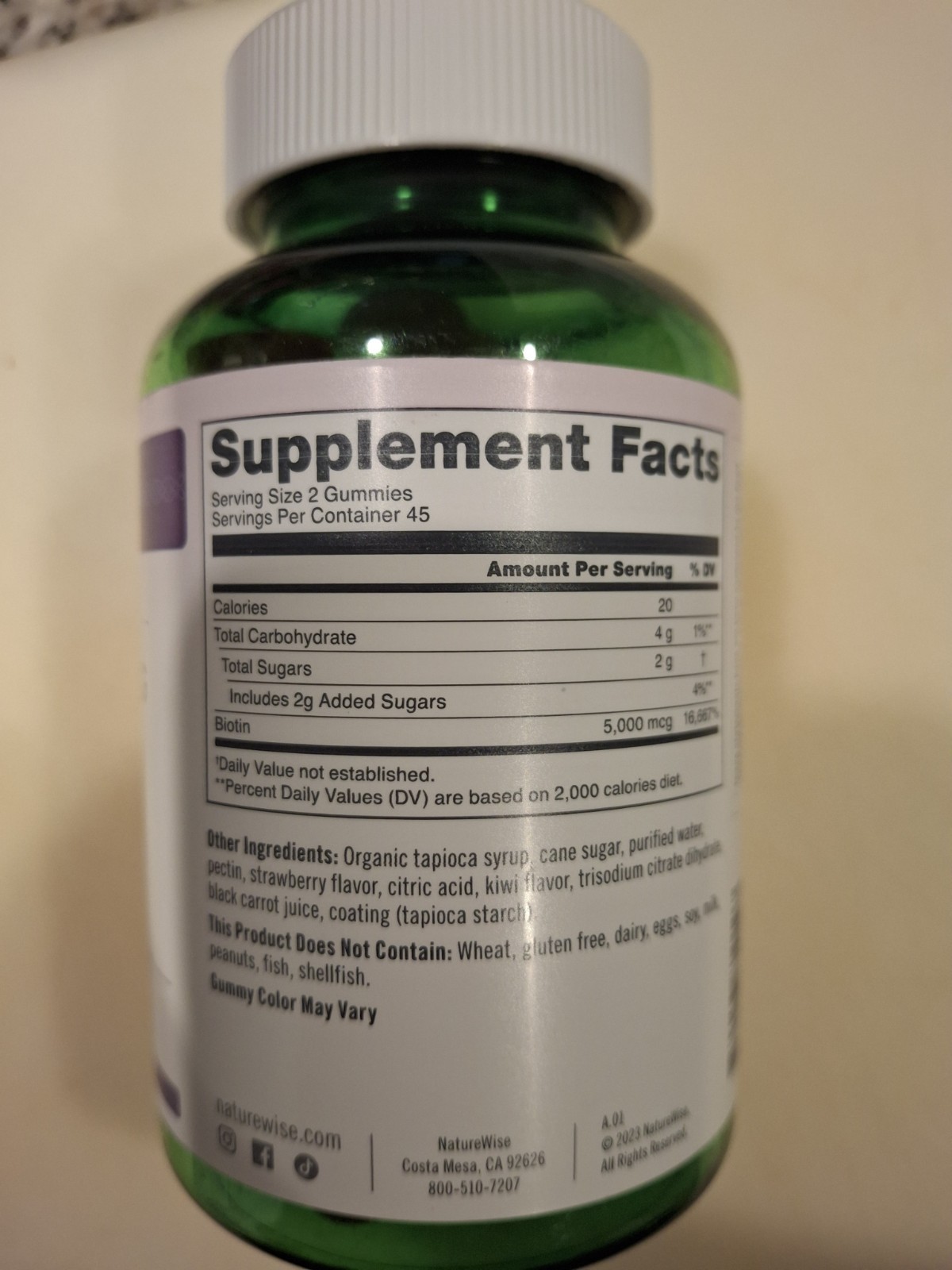 NatureWise Biotin 5,000 mcg Gummies Hair Skin Nails Vegan No Gluten 90 Ct