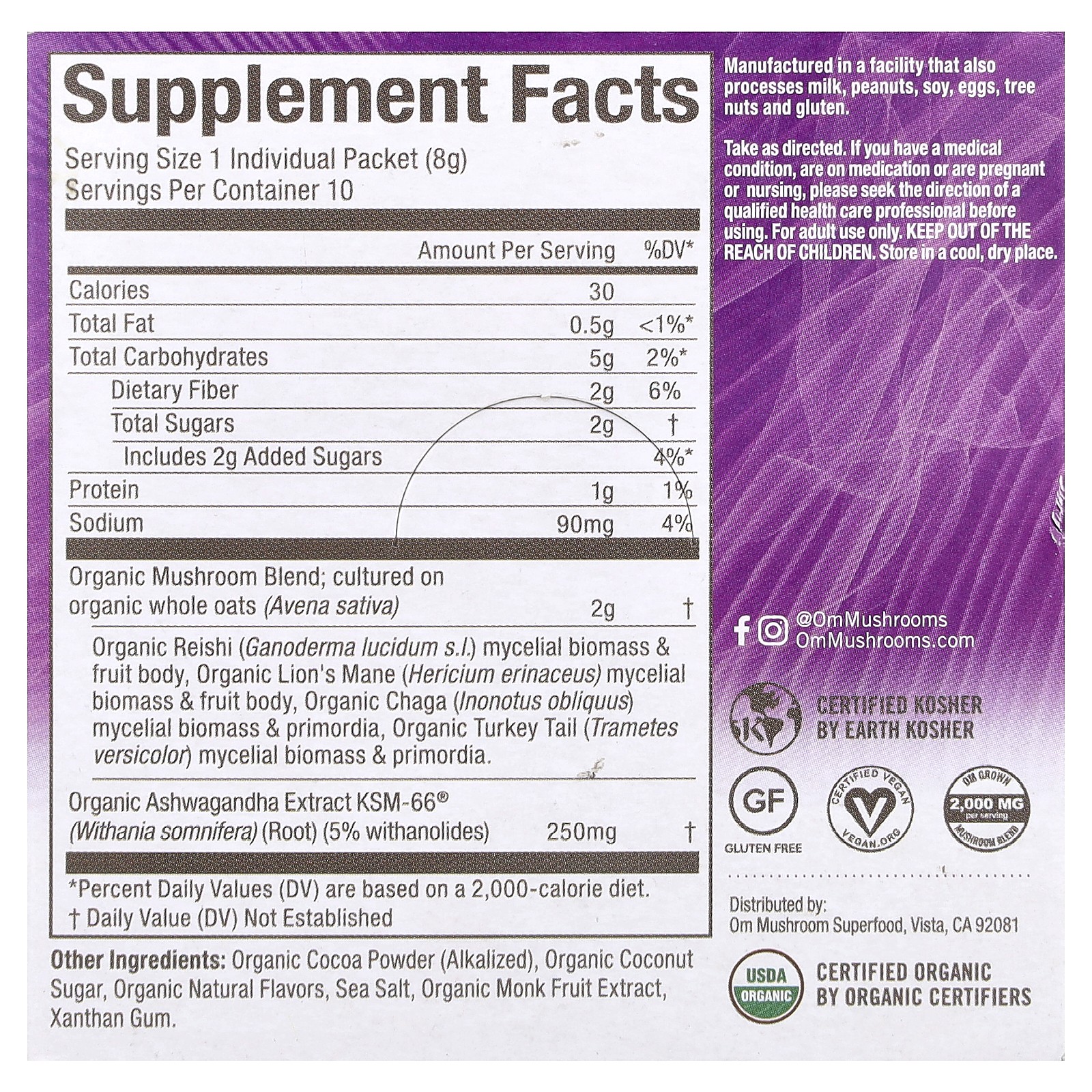 Superfood Mushroom Blend, Hot Chocolate , 10 Packets, 0.28 oz (8 g) Each