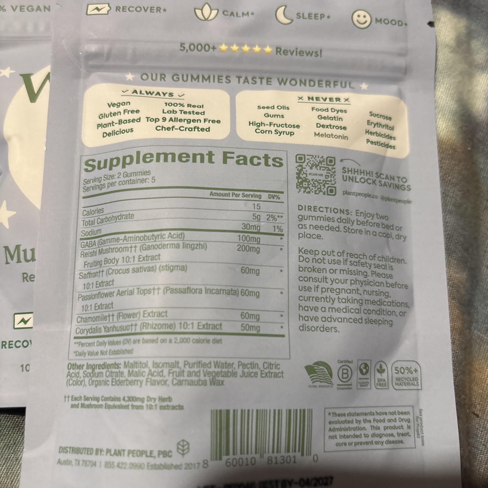 2 packages Plant People Wonder Sleep Mushroom Gummies 10 Count exp 4/27
