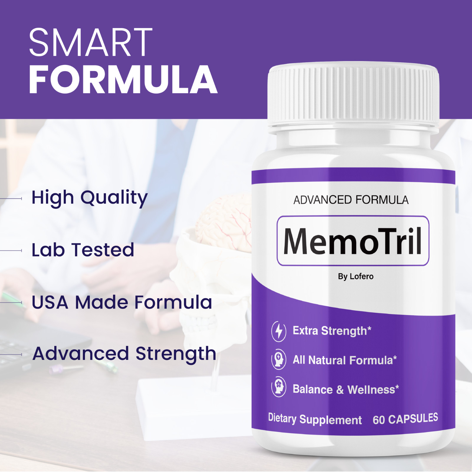 Memo Tril Nootropic Natural Formula Brain Supplement, MemoTril Pills (60Ct)