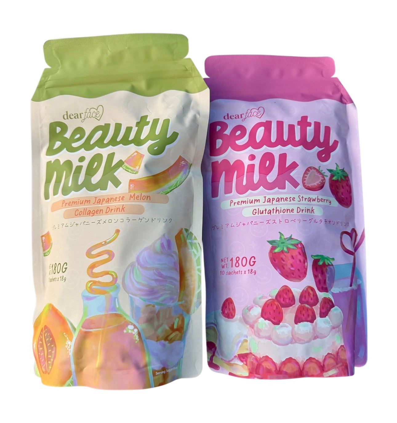 2 Packs Dear Face Beauty Milk Japanese Collagen STRAWBERRY & MELON Drink