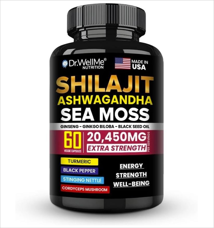 Dr.WellMe Shilajit Ashwagandha Sea Moss with Ginseng, Ginkgo Biloba & Black Seed