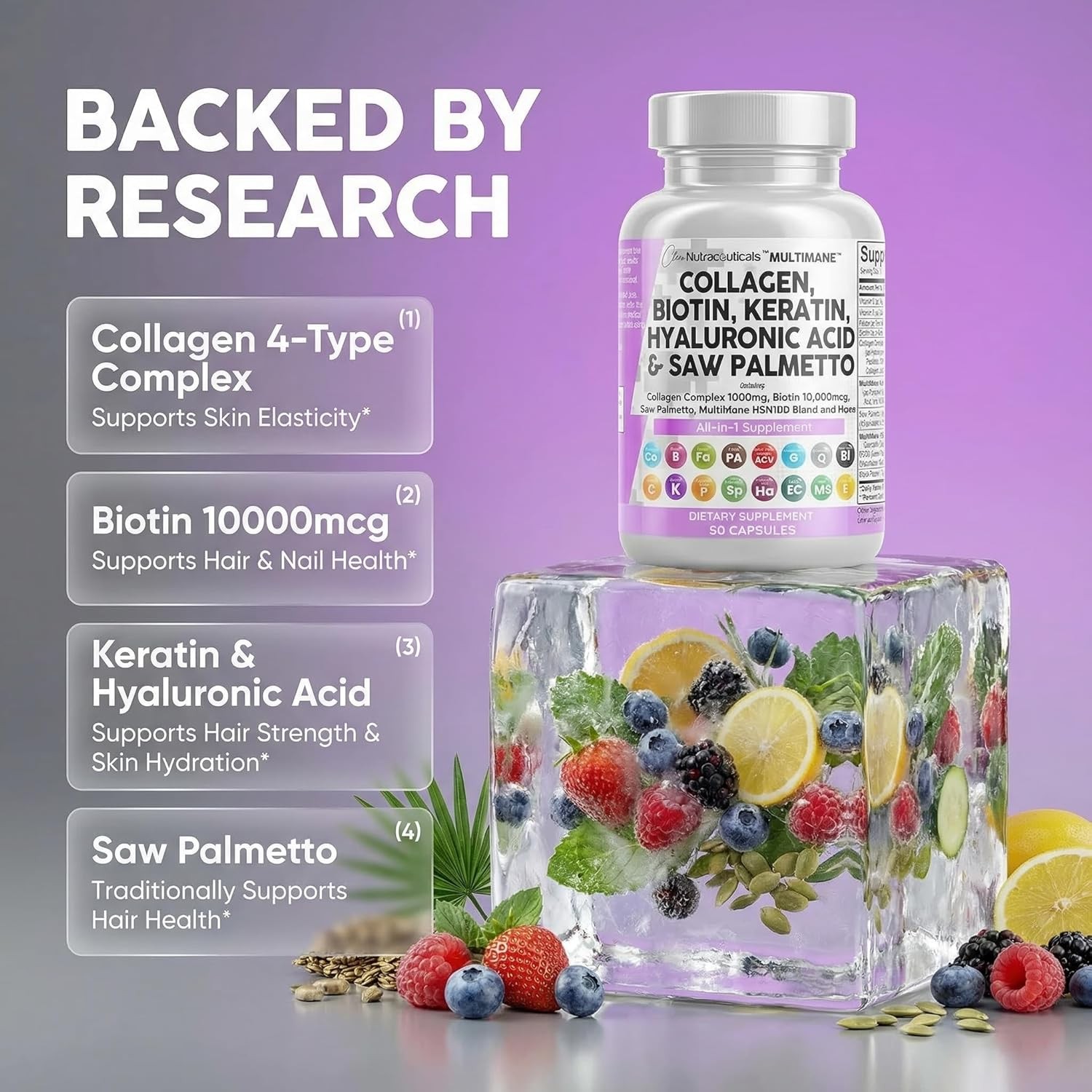 Clean Nutraceuticals Collagen Pills 1000mg Biotin 10000mcg Keratin Saw Palmetto