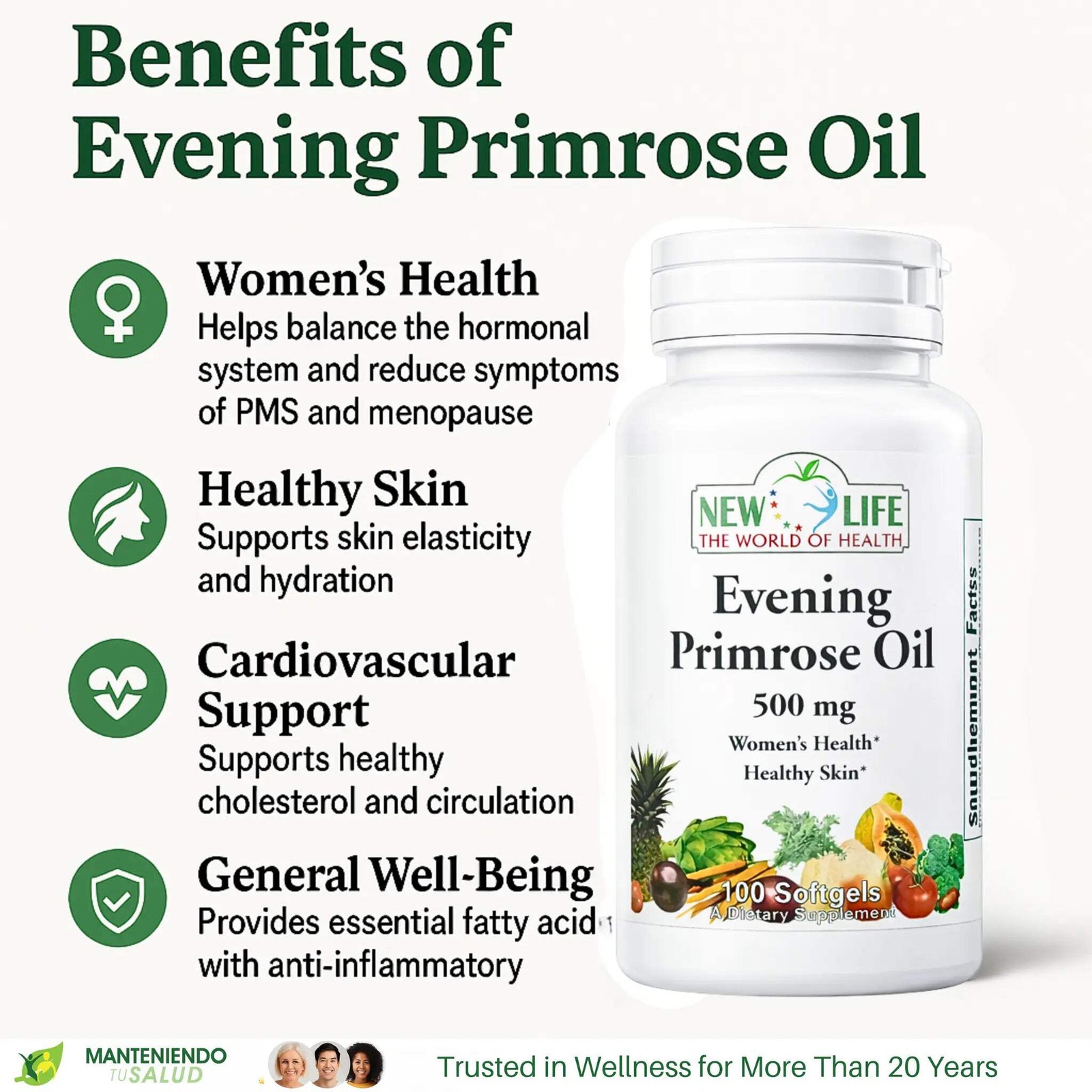 New Life Evening Primrose Oil 500mg, Women’s Health, 100 Softgels
