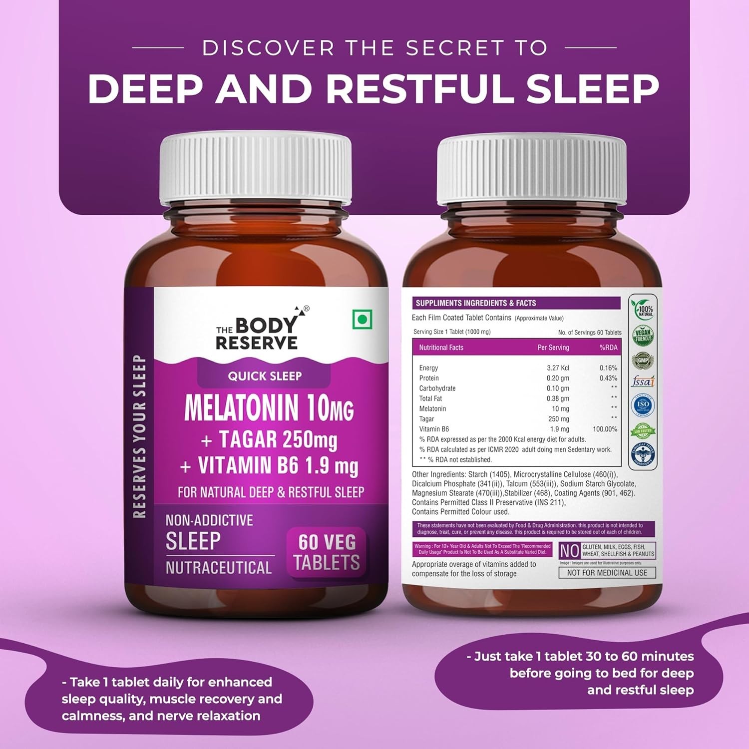 Melatonin 10mg Tagar 250mg Sleep Aid Stress Relief Muscle Recovery 60Tabs x1/2/3