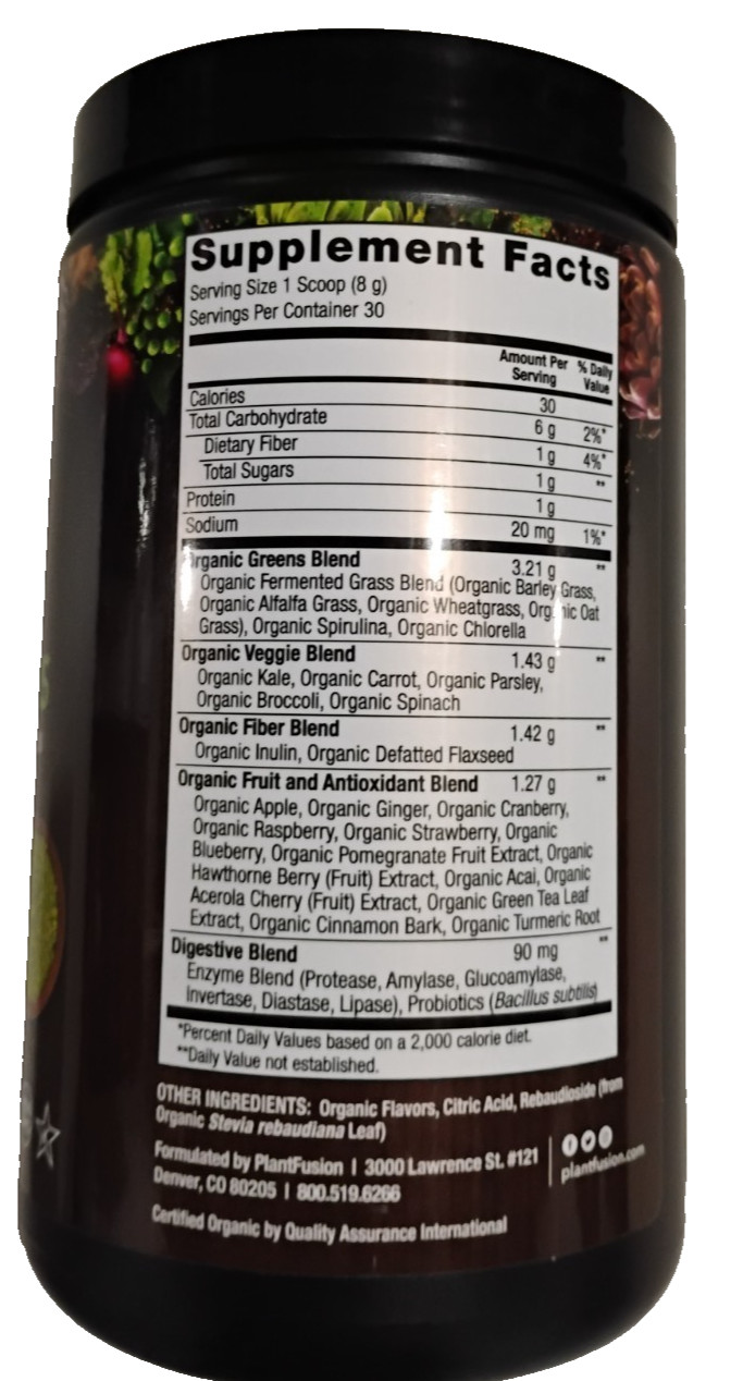 PlantFusion Organic Fruitful Greens Fermented Whole Food Nutrition 8.46 oz. New