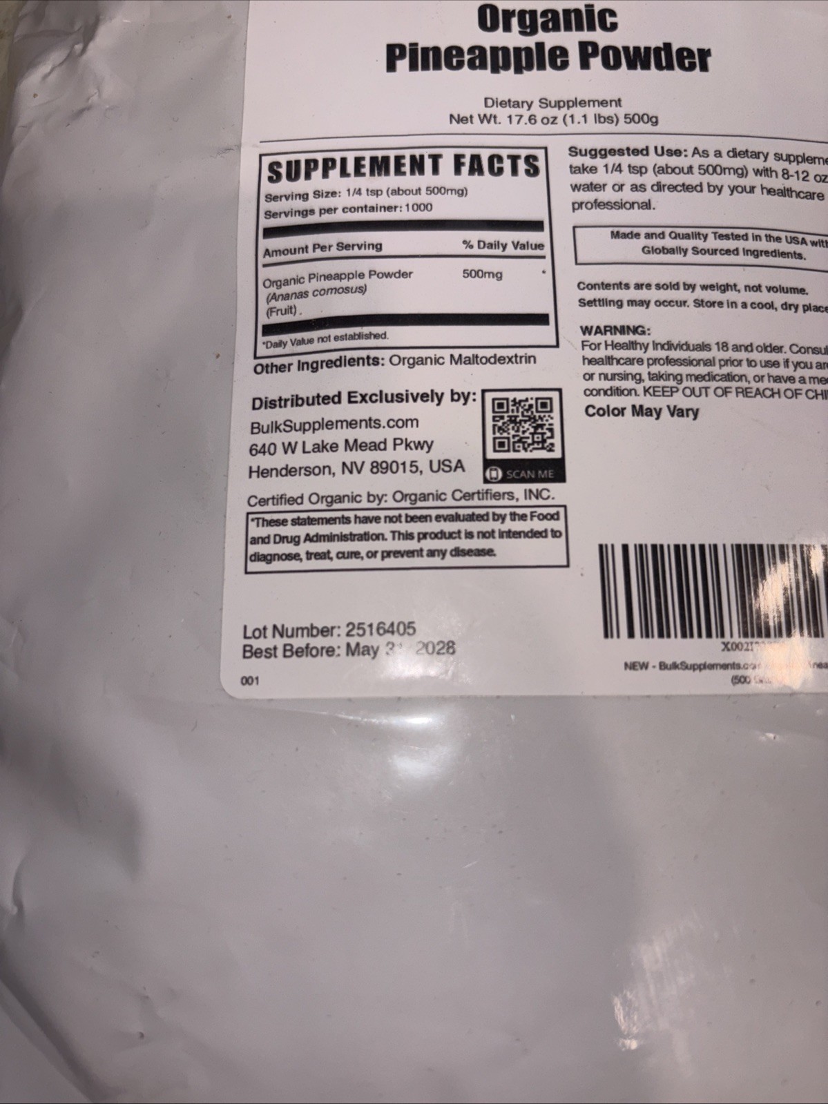 BulkSupplements Organic Pineapple Powder – 500mg per Serving