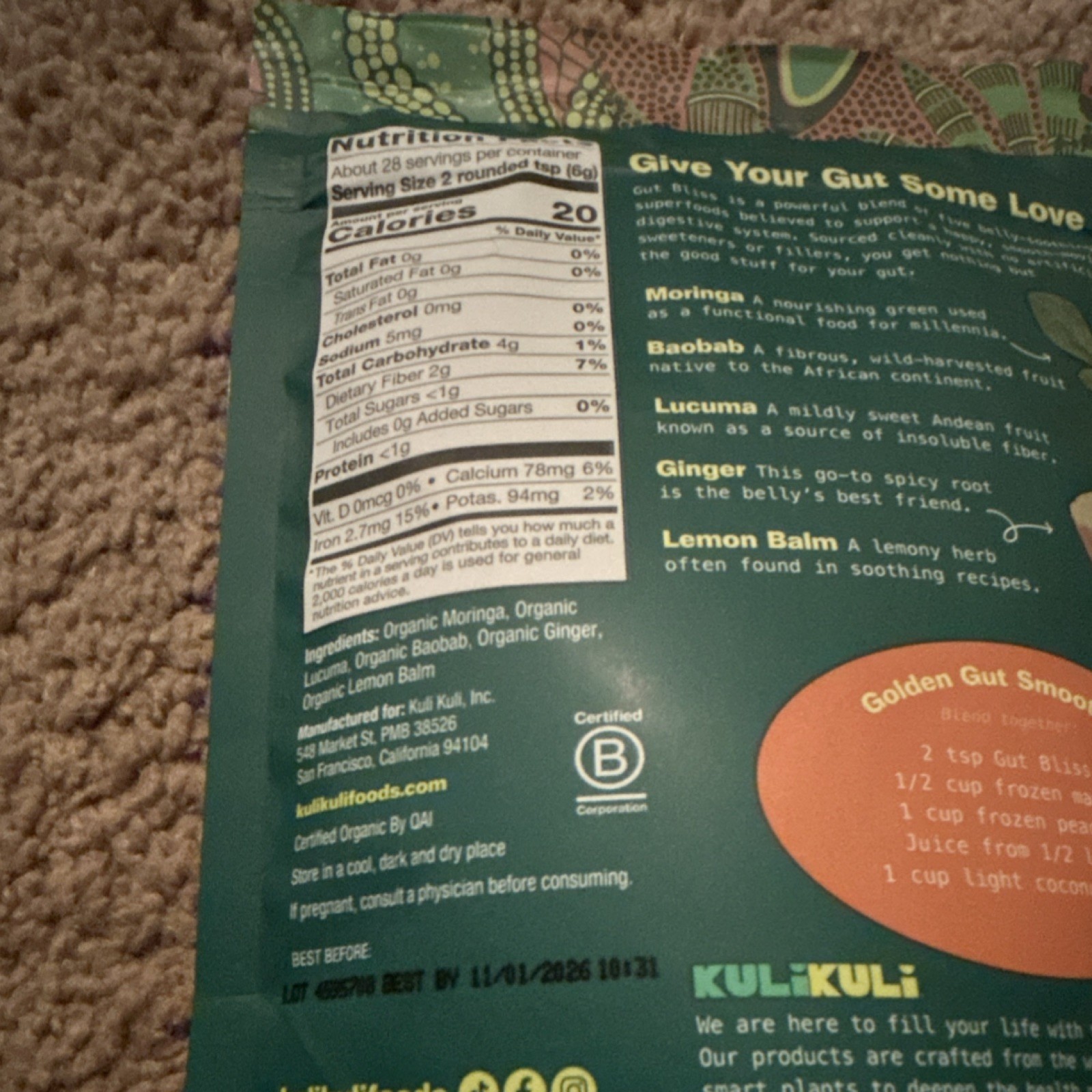 Kuli Kuli Gut Bliss Superfood Blend Powder USDA Organic 6oz Exp 11/2026