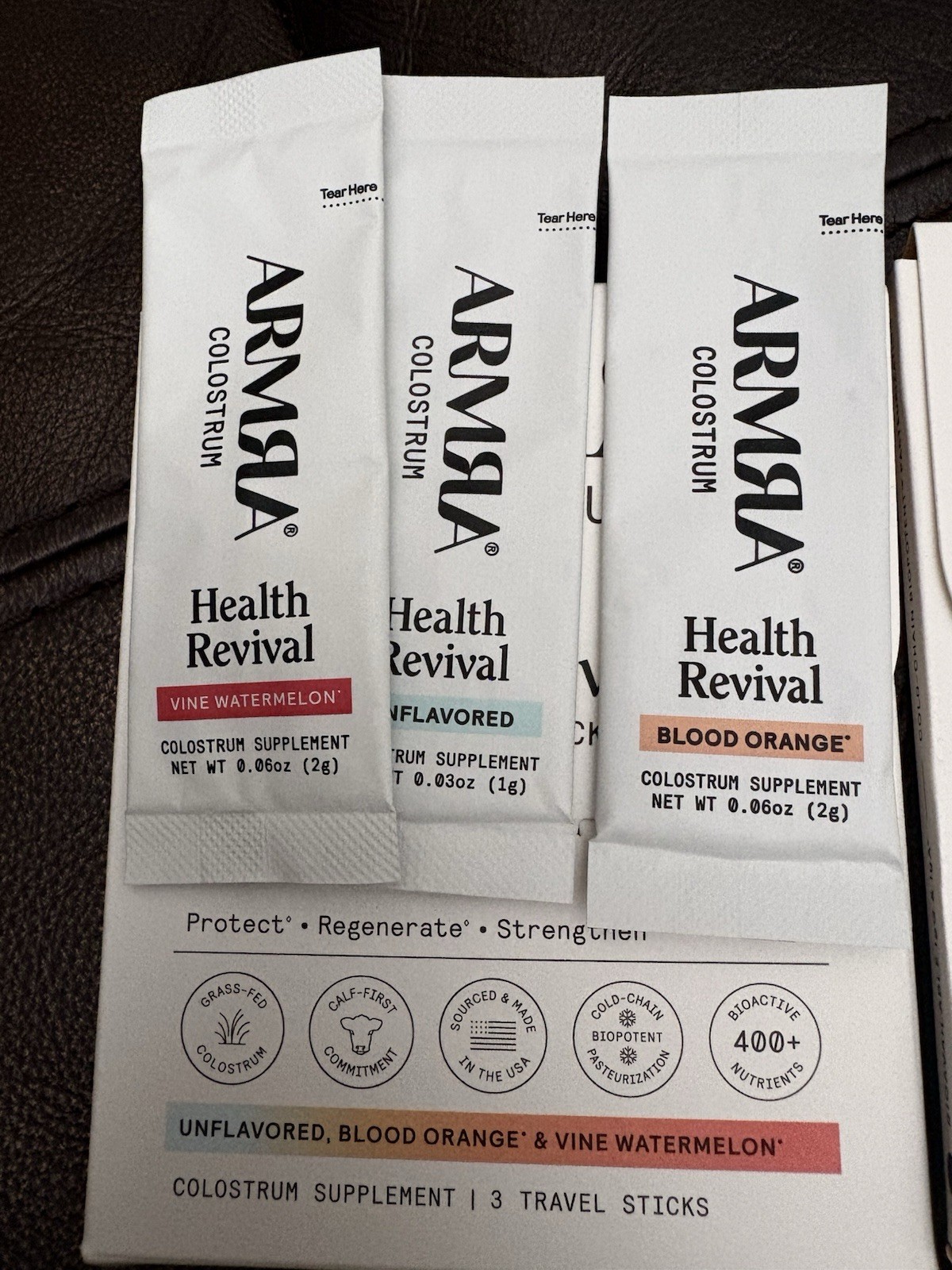 ARMRA Colostrum Powder Sample Pack 3 Travel Sticks, Immune/Digestive, Flavors