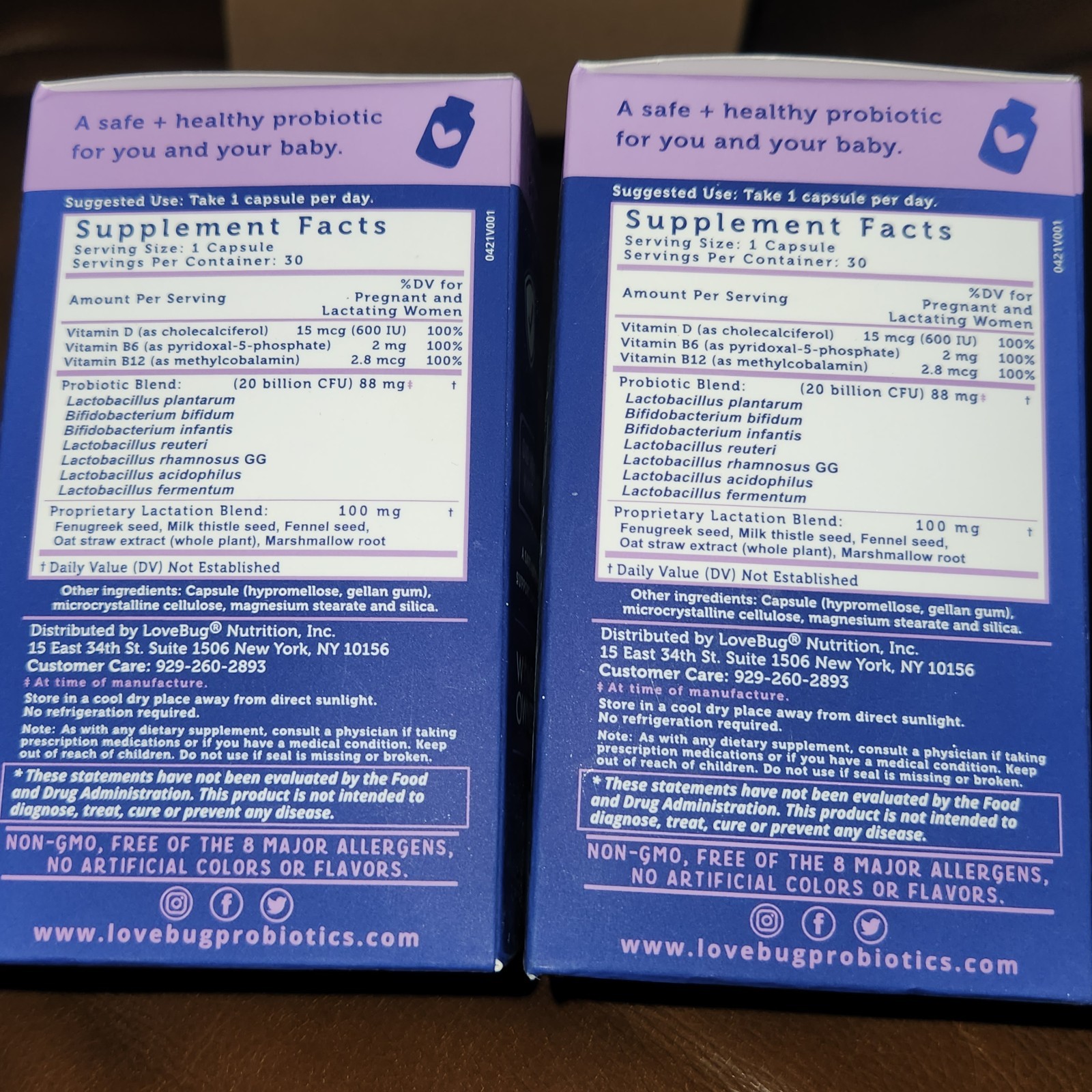 2 Packages Love Bug Postnatal Probiotic, 20 Billion CFU, 30 Capsules Exp. 9/2026